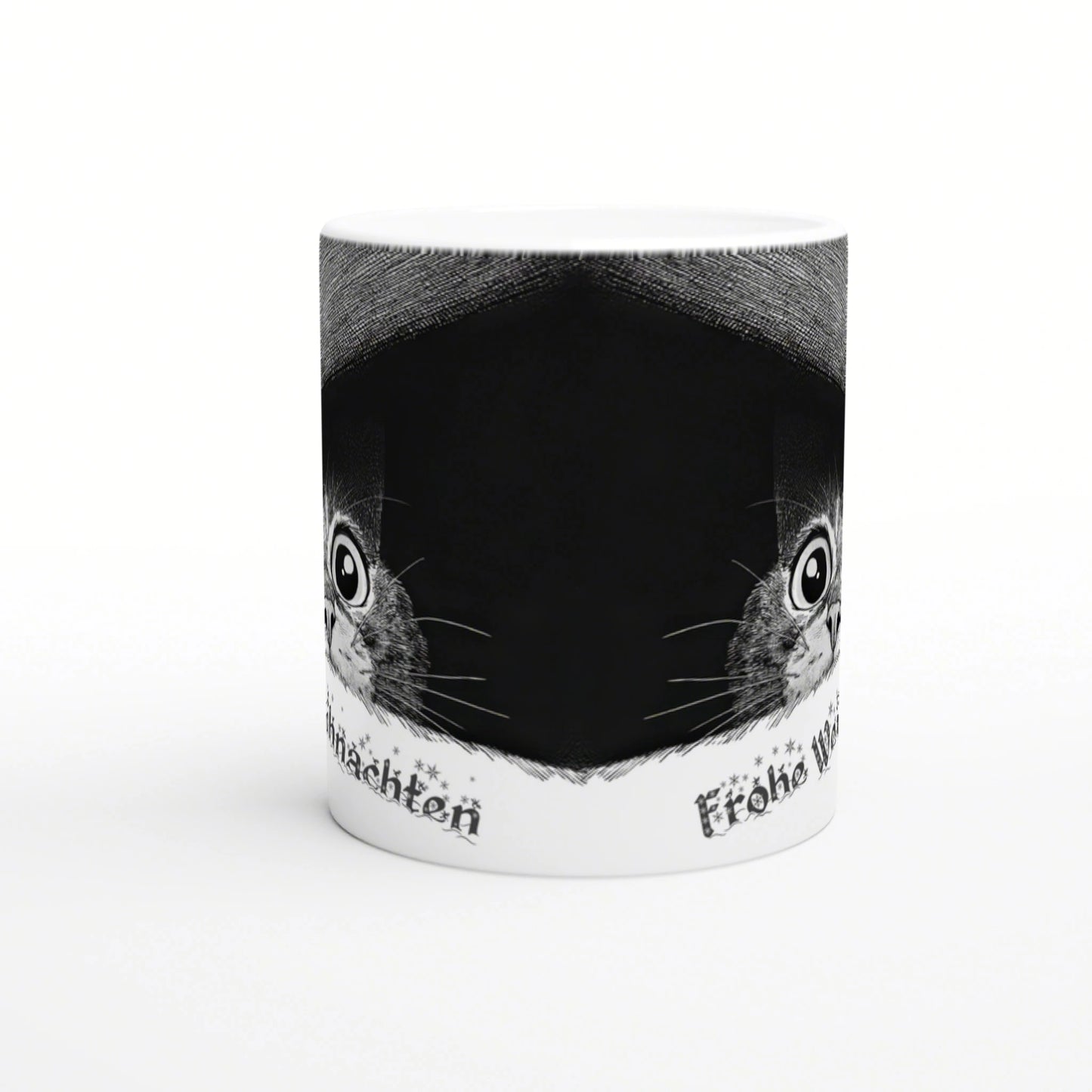 White ceramic mug mockup with a black center panel flanked by two cat faces; decorative text along the bottom edge.