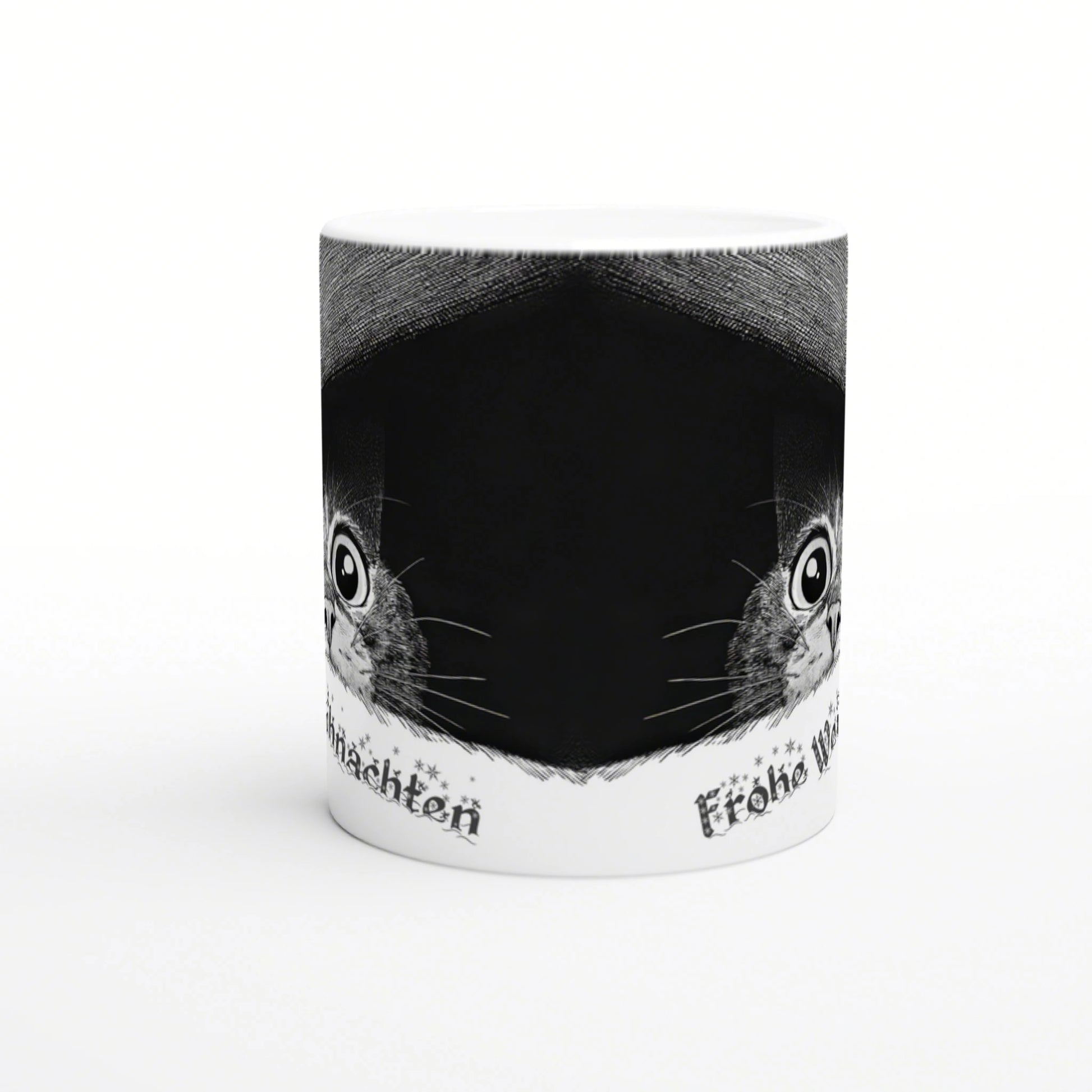 White ceramic mug mockup with a black center panel flanked by two cat faces; decorative text along the bottom edge.