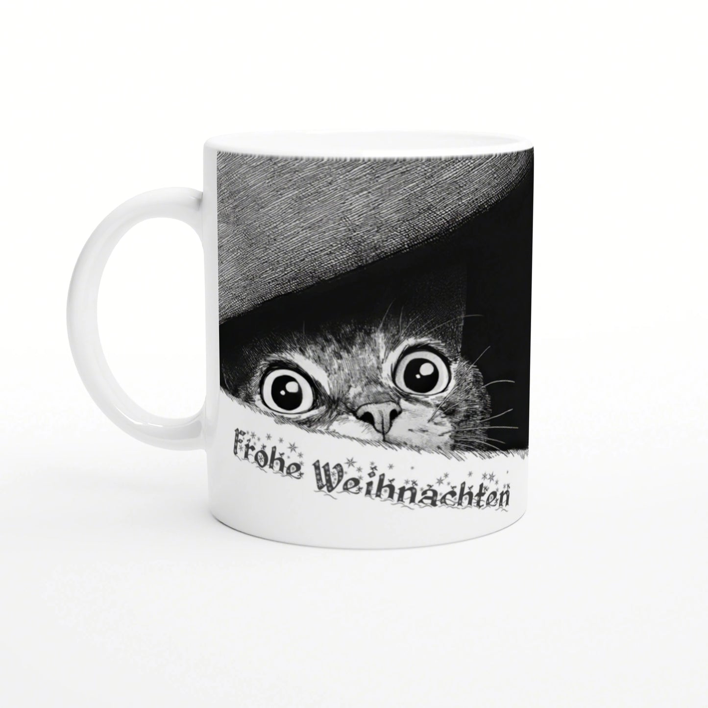 White ceramic mug featuring a black-and-white cat peeking from under a grey hat with the text Frohe Weihnachten.