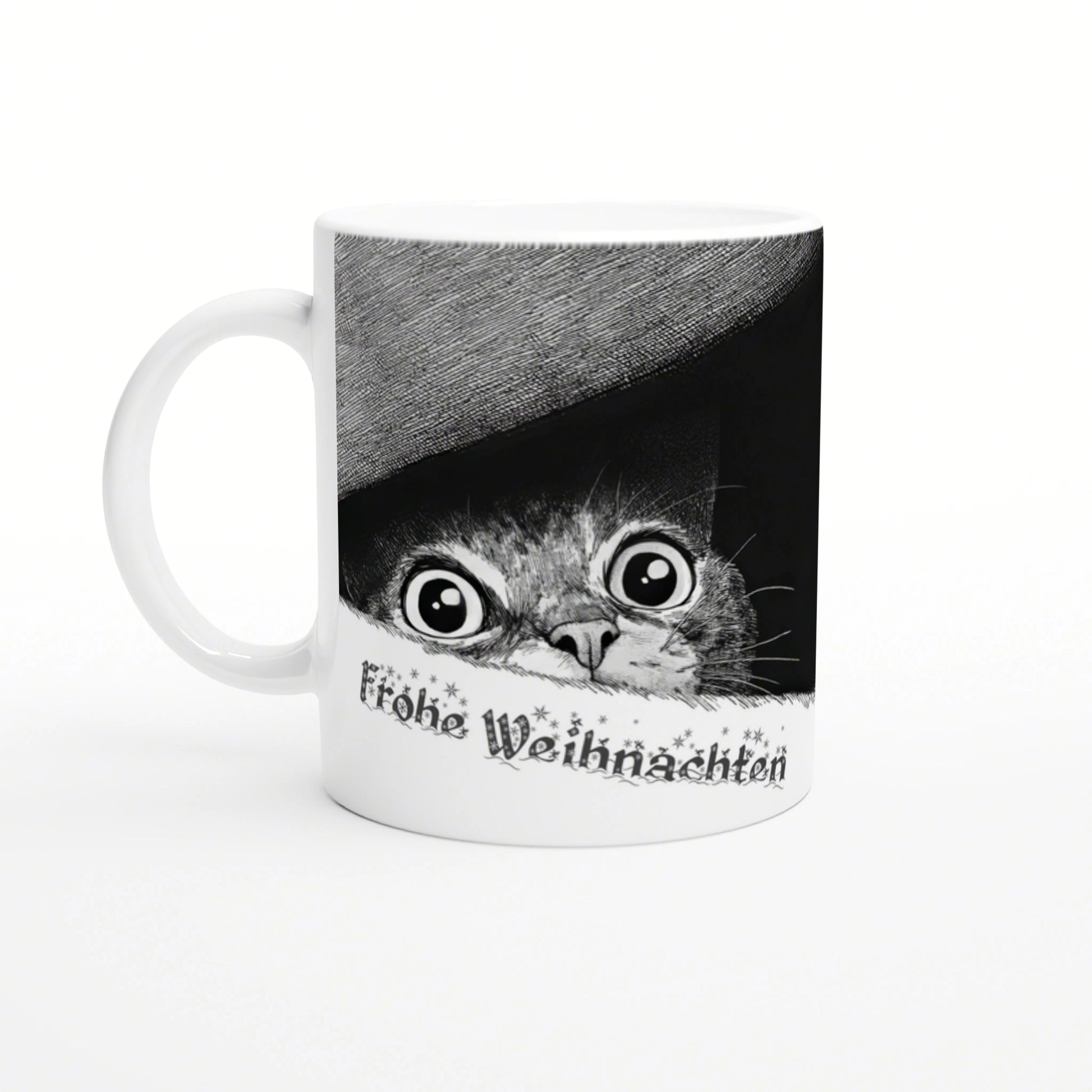 White ceramic mug featuring a black-and-white cat peeking from under a grey hat with the text Frohe Weihnachten.