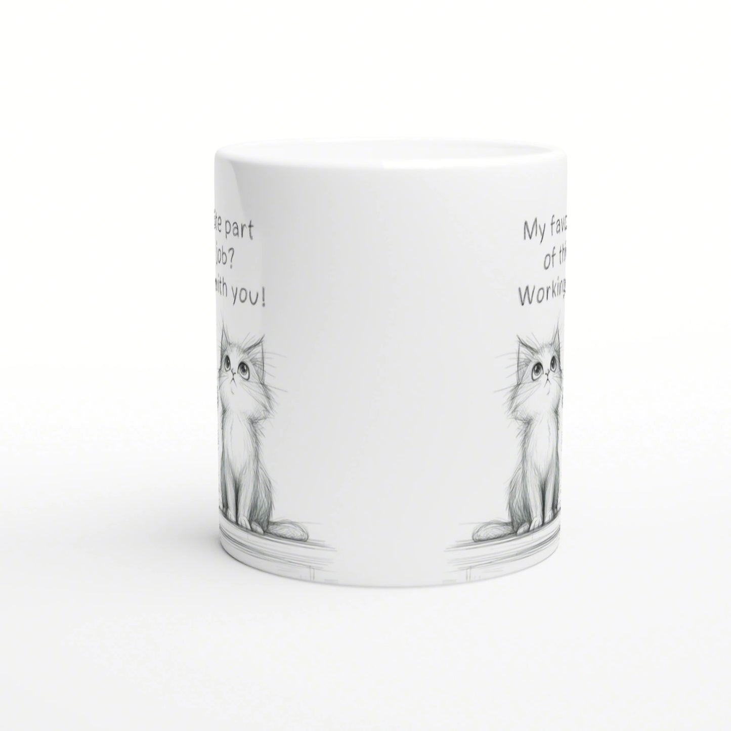 White ceramic mug mockup featuring pencil-drawn cats on both sides and a partial handwritten slogan along the rim.