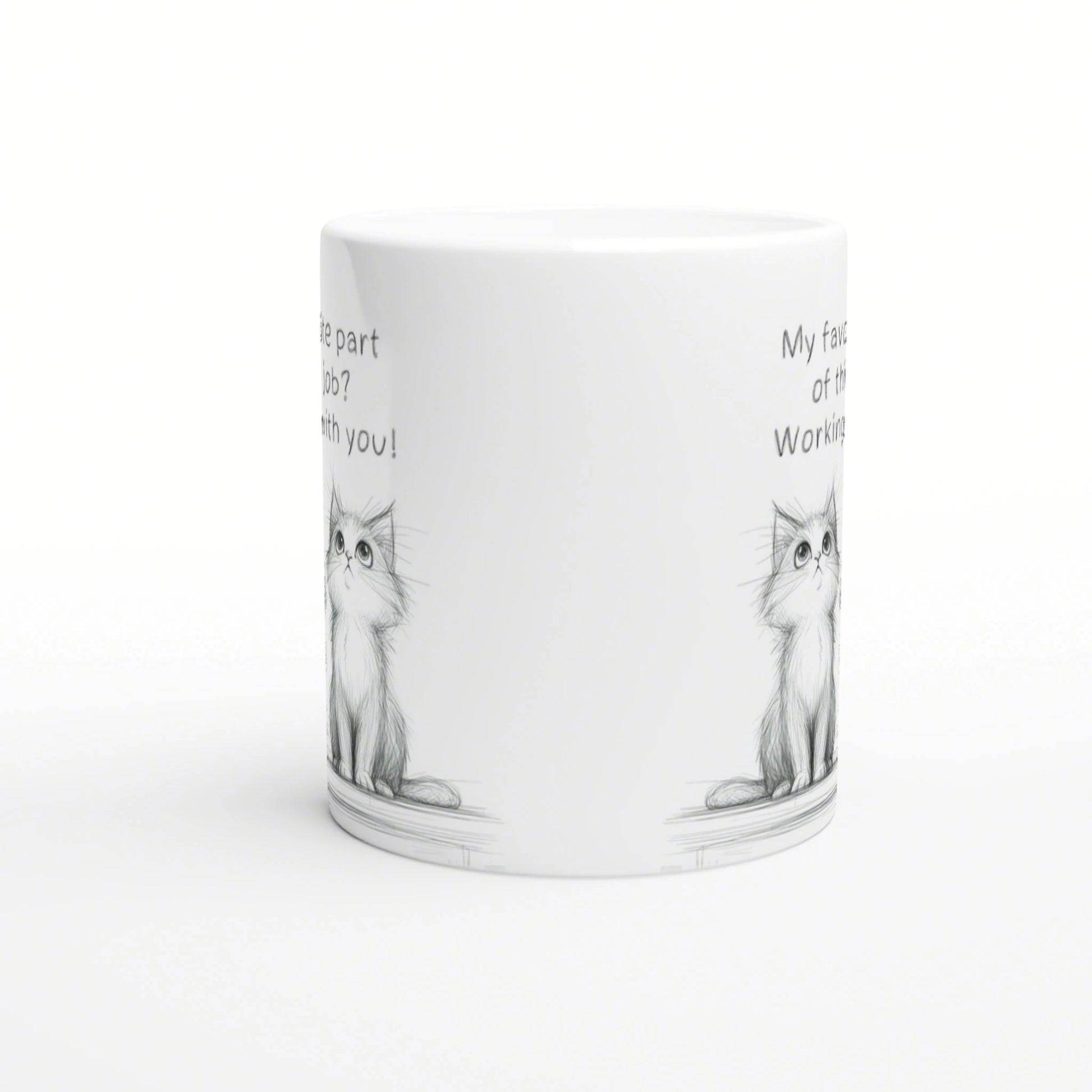 White ceramic mug mockup featuring pencil-drawn cats on both sides and a partial handwritten slogan along the rim.
