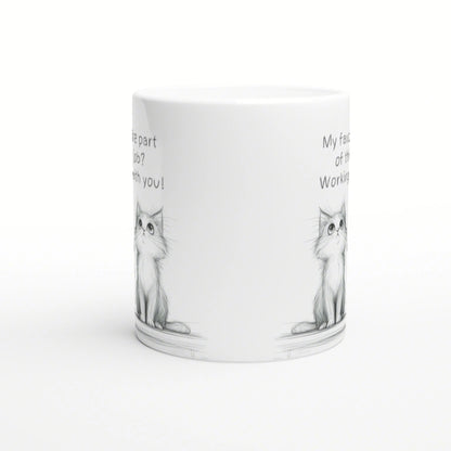 White ceramic mug mockup featuring pencil-drawn cats on both sides and a partial handwritten slogan along the rim.