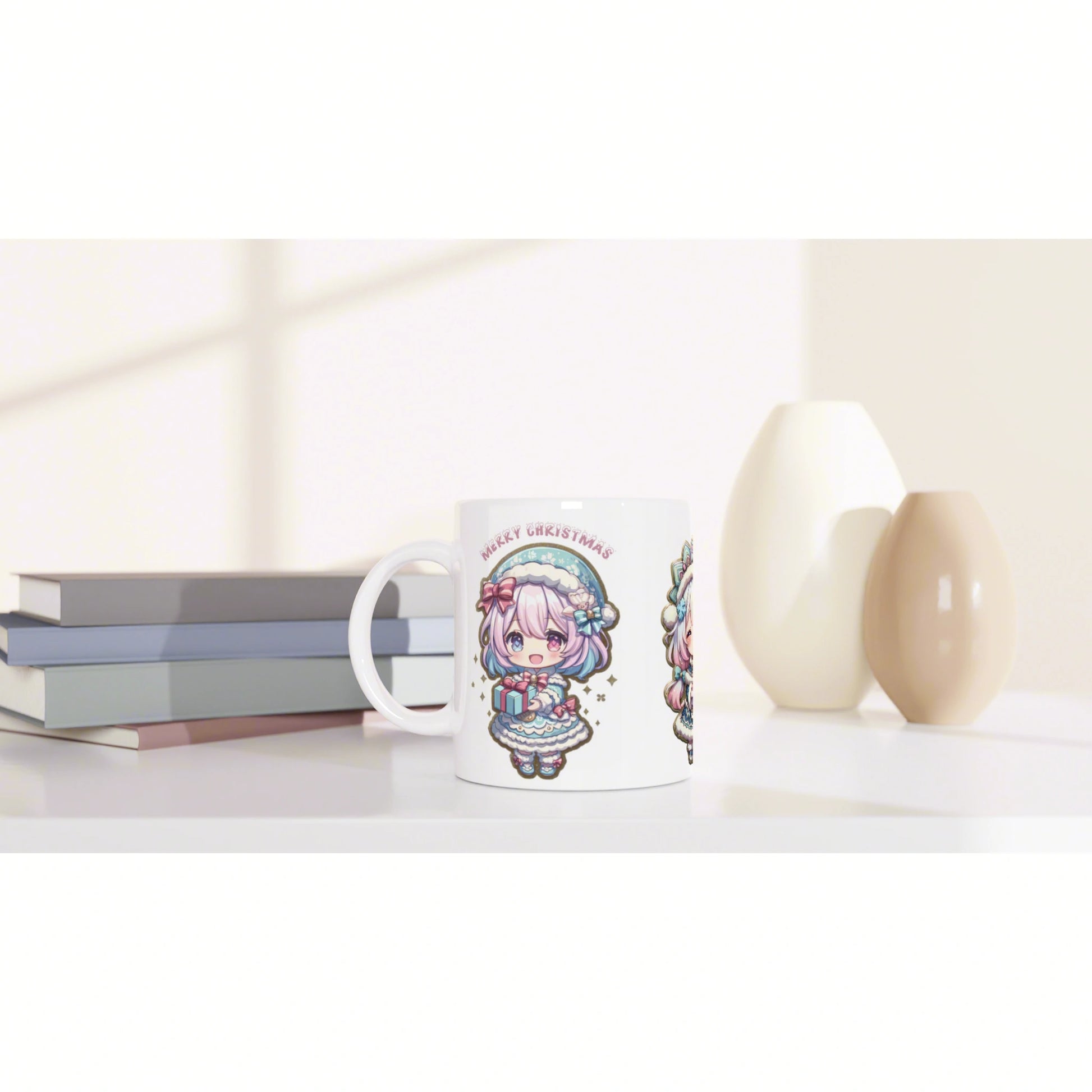 White mug with a colorful chibi Christmas illustration, placed on a shelf with pastel books and ceramic vases.