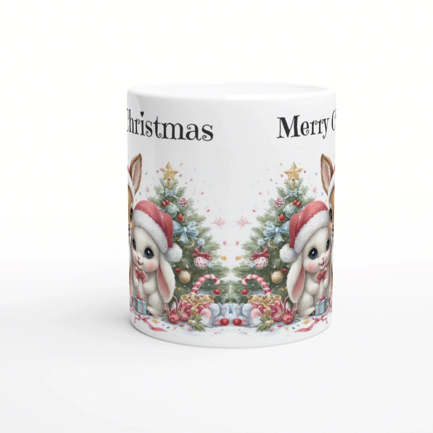 White mug featuring a Christmas-themed illustration: two bunnies in Santa hats among Christmas trees, gifts, and candy canes.