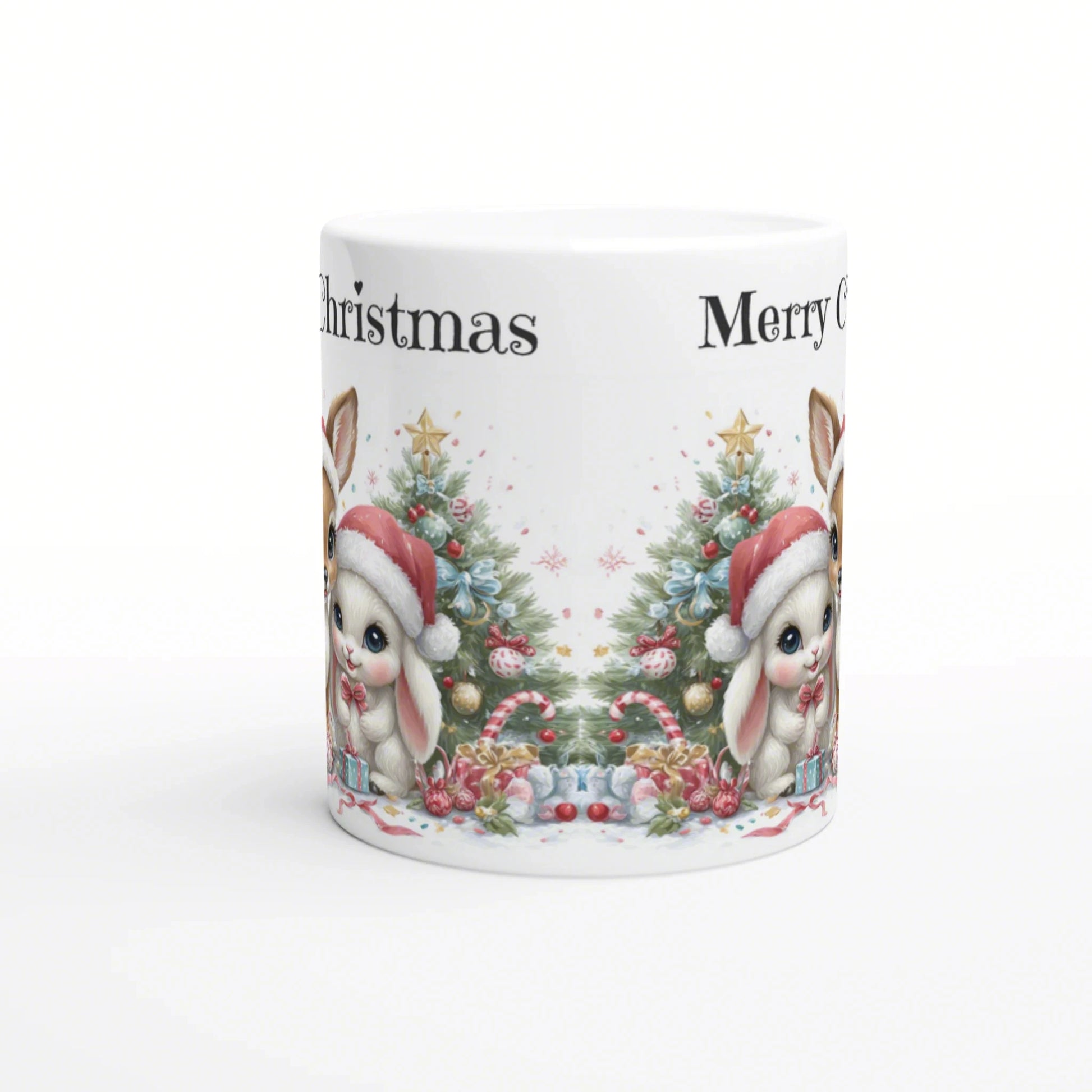 White mug featuring a Christmas-themed illustration: two bunnies in Santa hats among Christmas trees, gifts, and candy canes.
