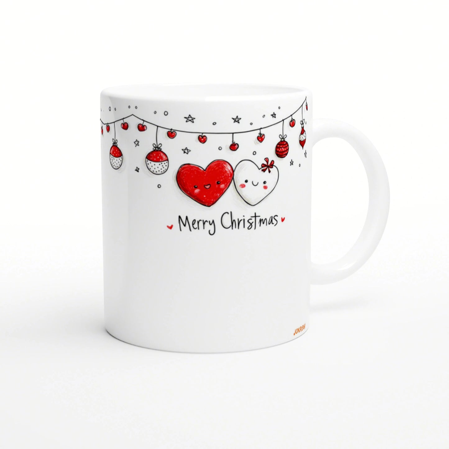 White mug with a hand-drawn Christmas design: red and white heart characters, hanging ornaments, and the text Merry Christmas.