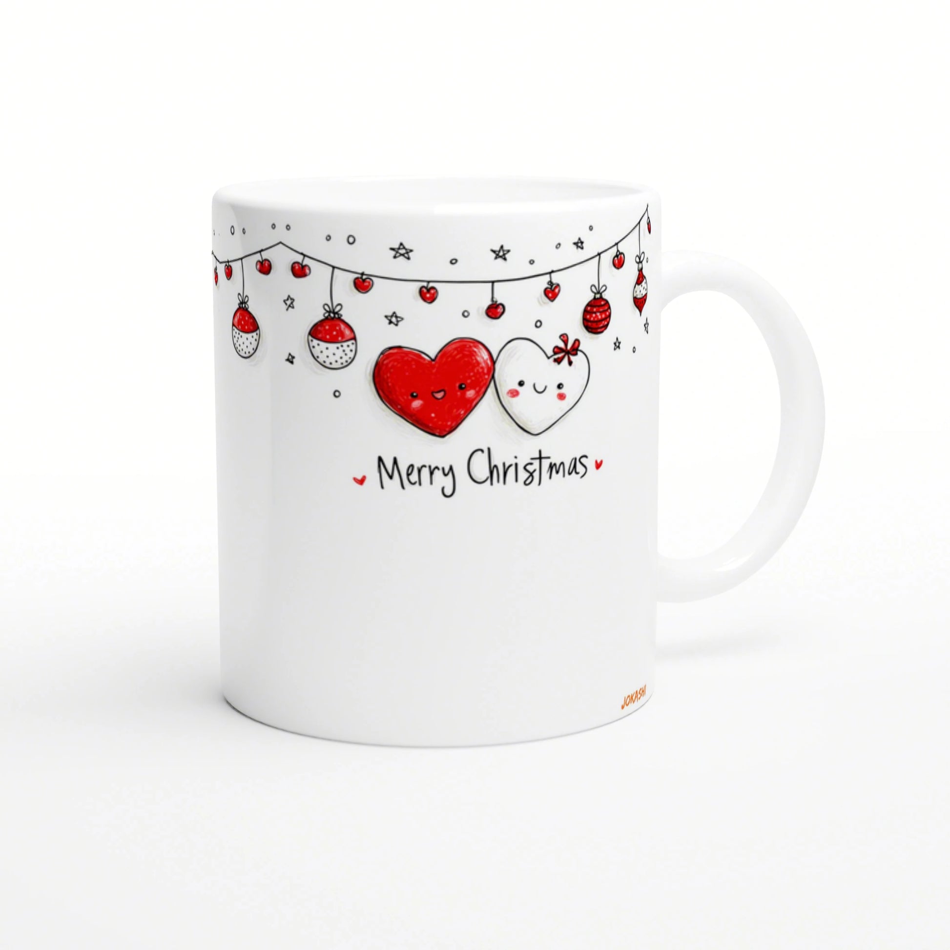 White mug with a hand-drawn Christmas design: red and white heart characters, hanging ornaments, and the text Merry Christmas.