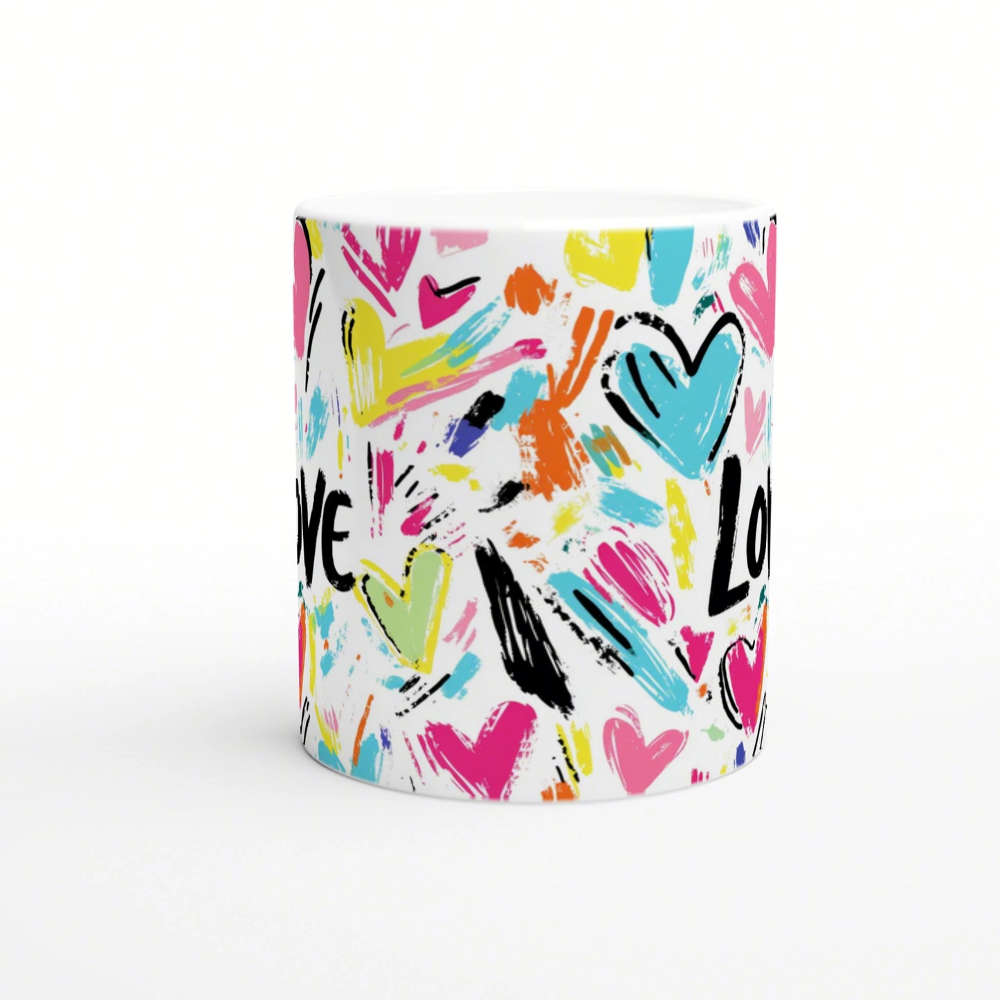 White mug featuring a vibrant, abstract pattern of colorful hearts and brush-stroke marks, with the word LOVE in black.