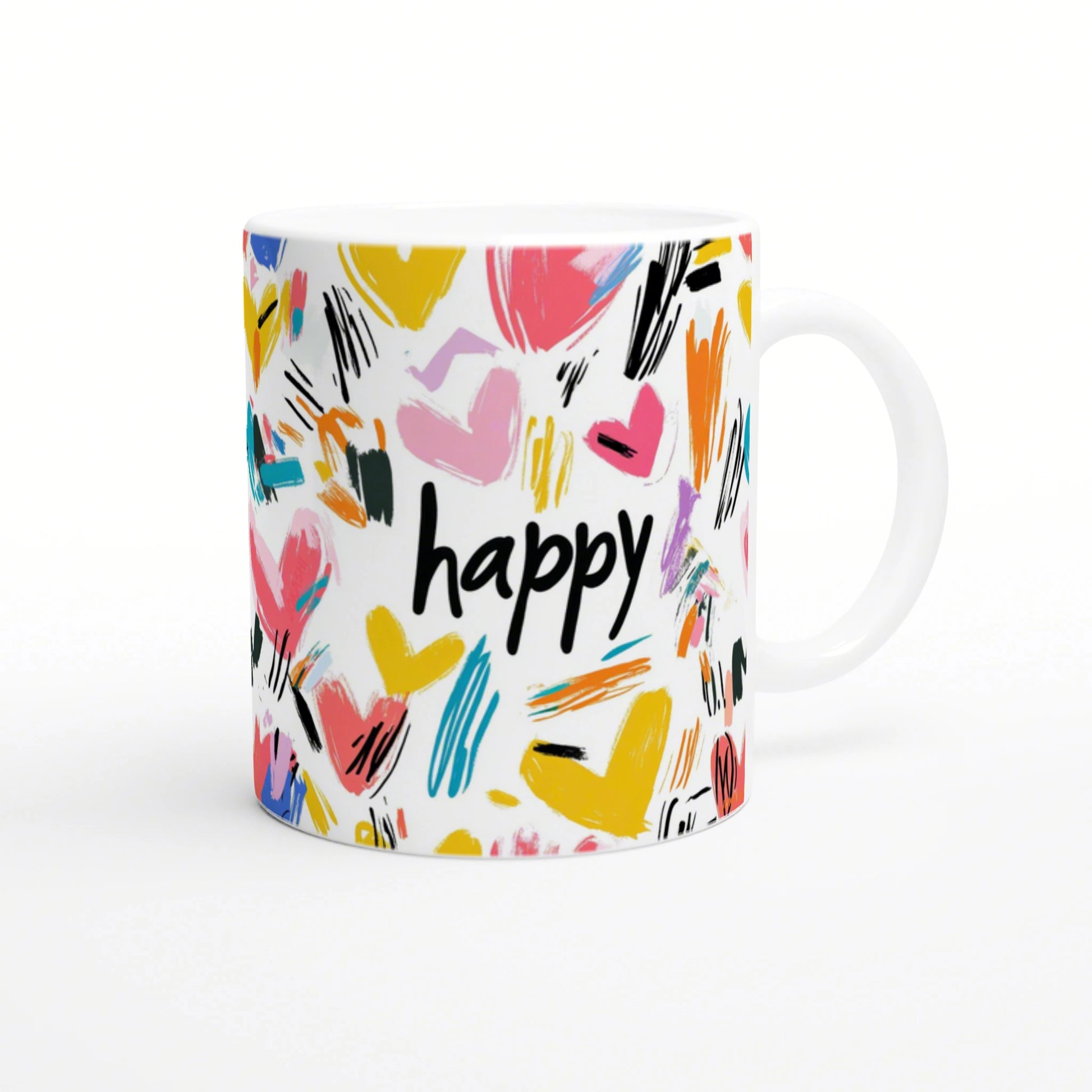 Product mockup: white mug covered with colorful brush-stroke hearts and the word happy in bold black at center.