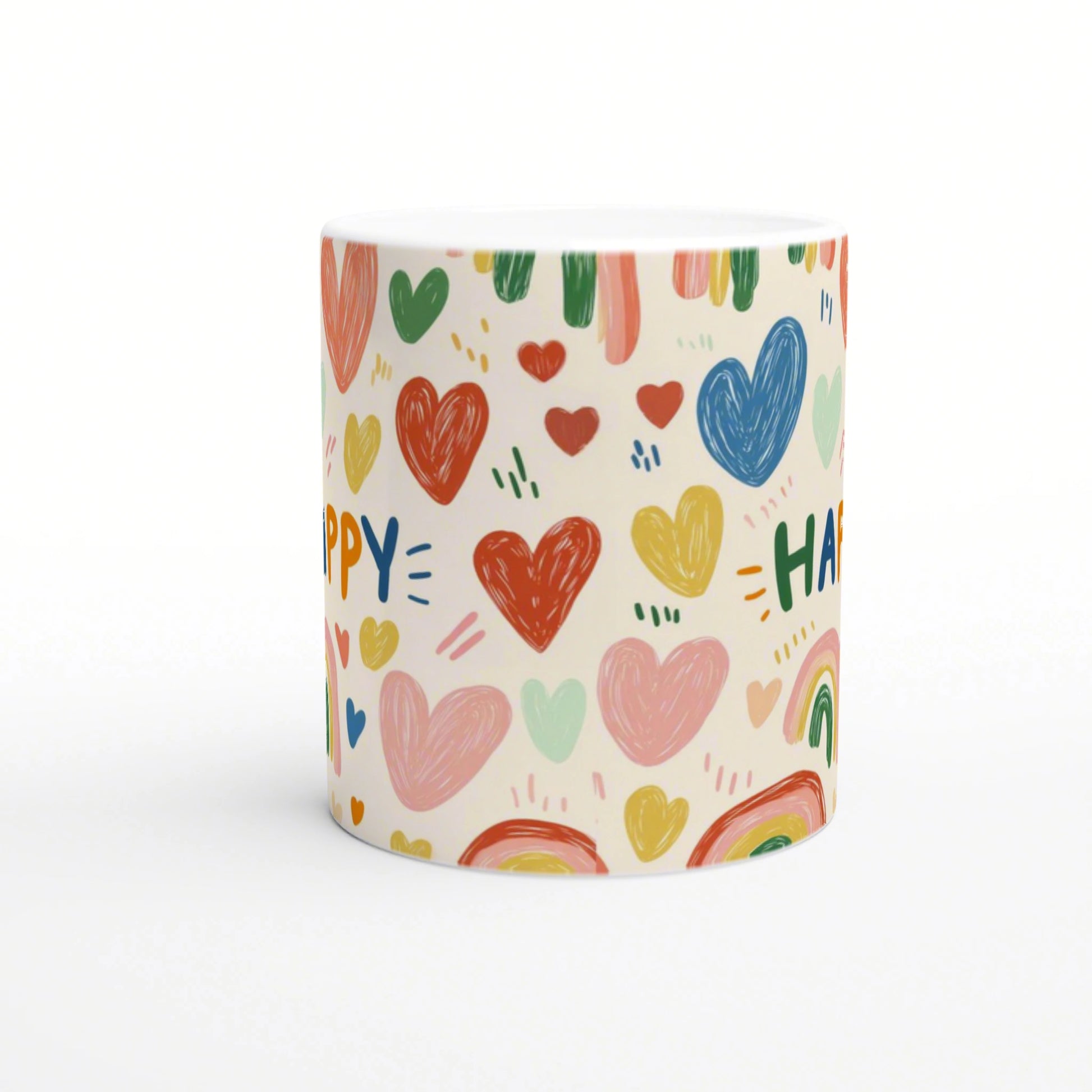 White mug with a playful wraparound pattern of colorful hand-drawn hearts and the partial word 'HAPPY'.