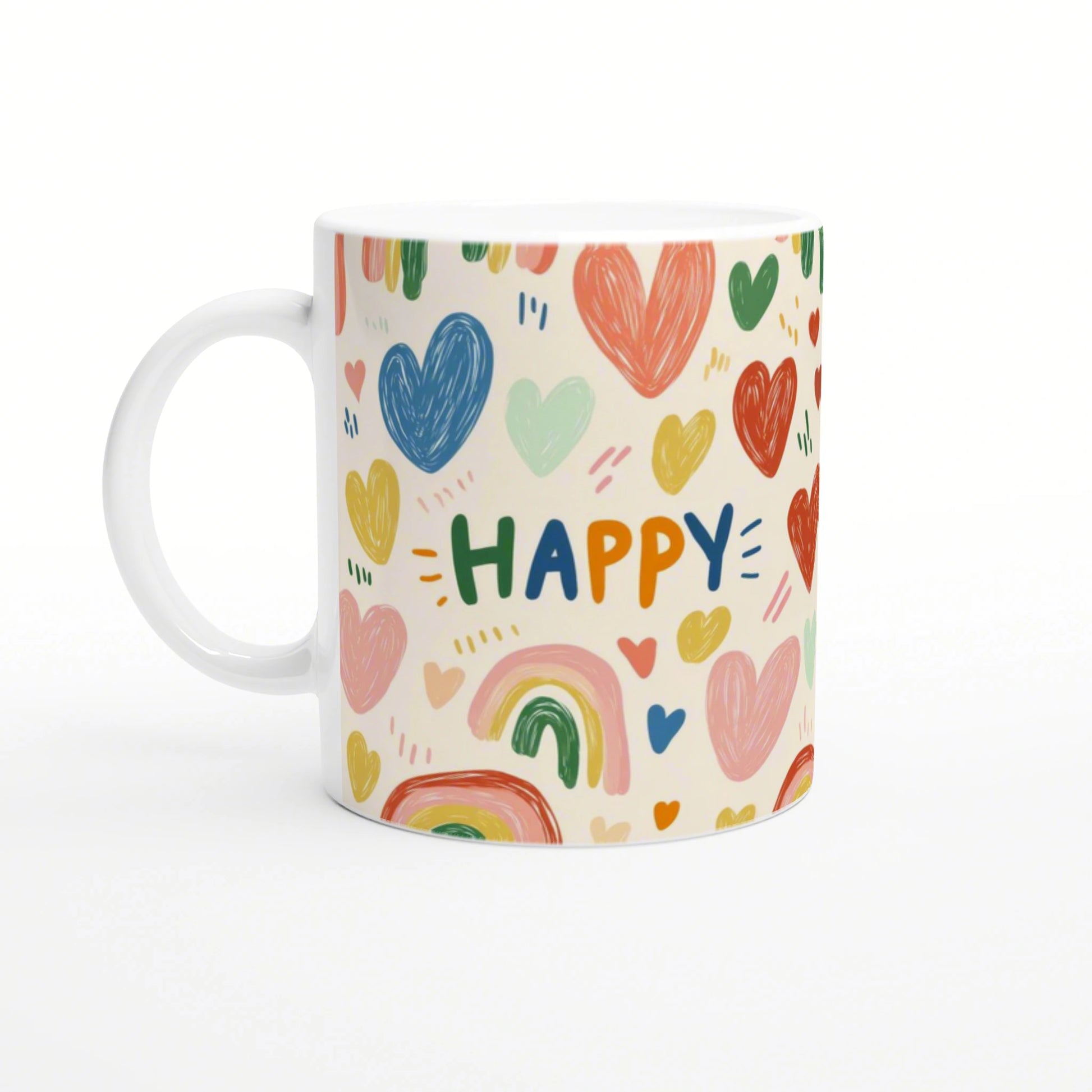 White mug covered in colorful hearts and rainbows, with the word HAPPY in multicolored letters; product mockup.
