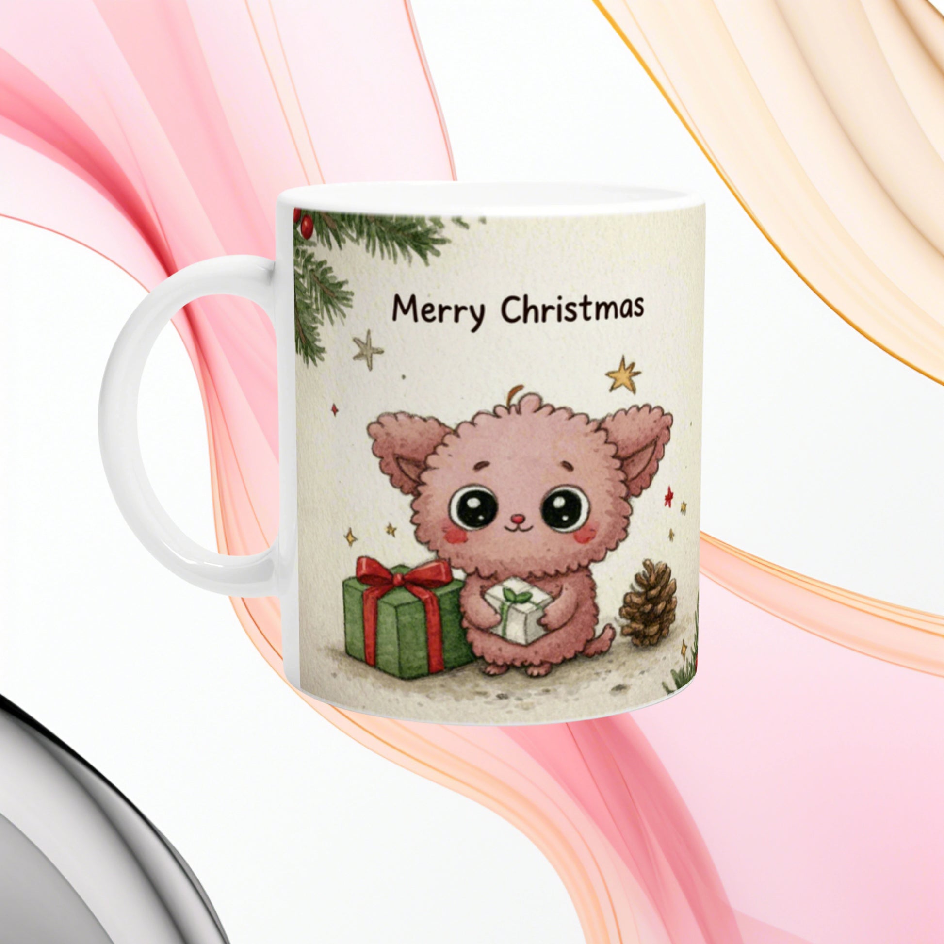 White mug with a cute pink fluffy bear holding gifts, Merry Christmas, pine branches and a pinecone — holiday product mockup.