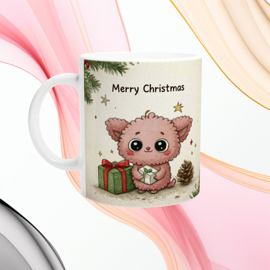 White mug with a cute pink fluffy bear holding gifts, Merry Christmas, pine branches and a pinecone — holiday product mockup.