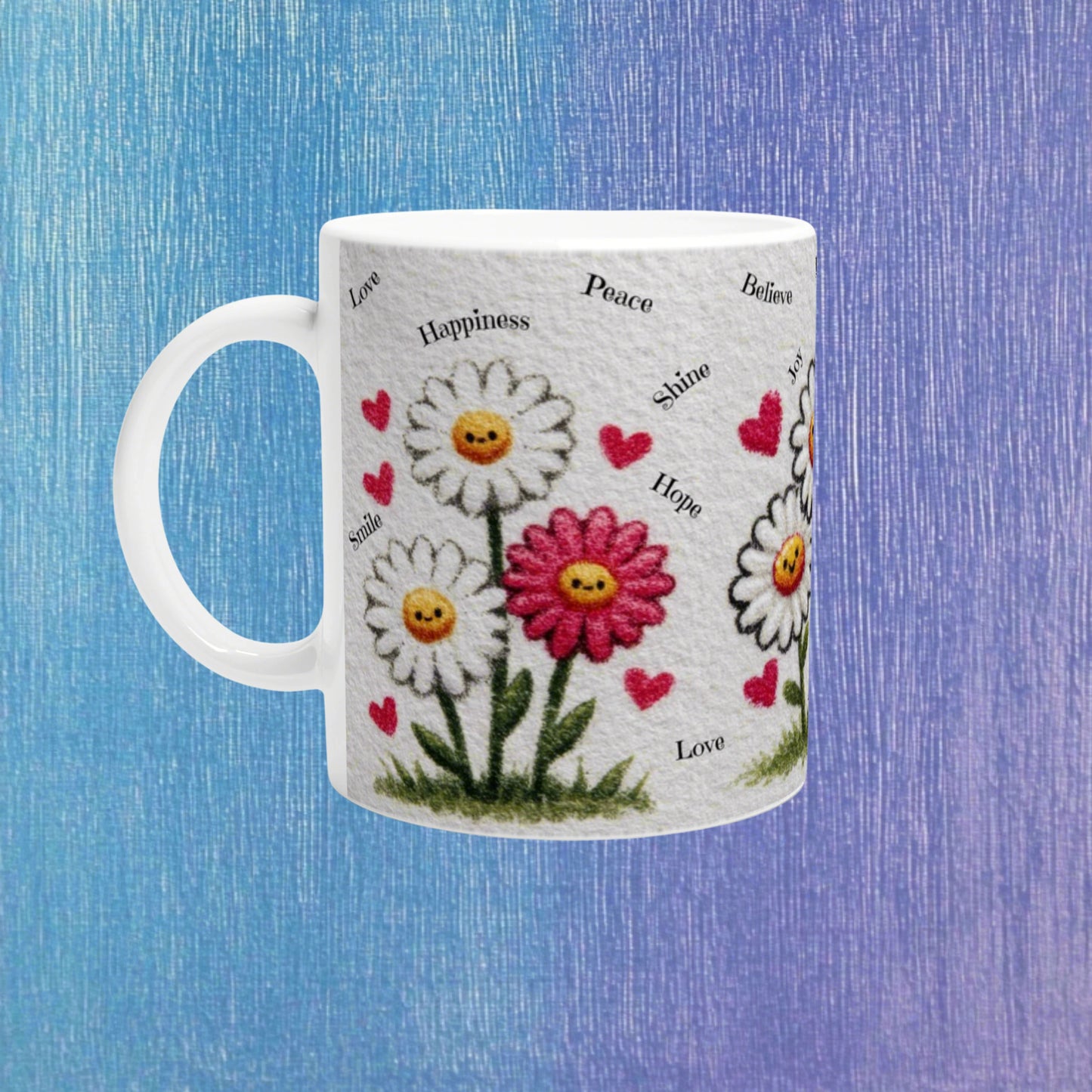 White mug with cheerful daisies and hearts, featuring uplifting words like Love and Happiness; product mockup on a blue-purple textured background.