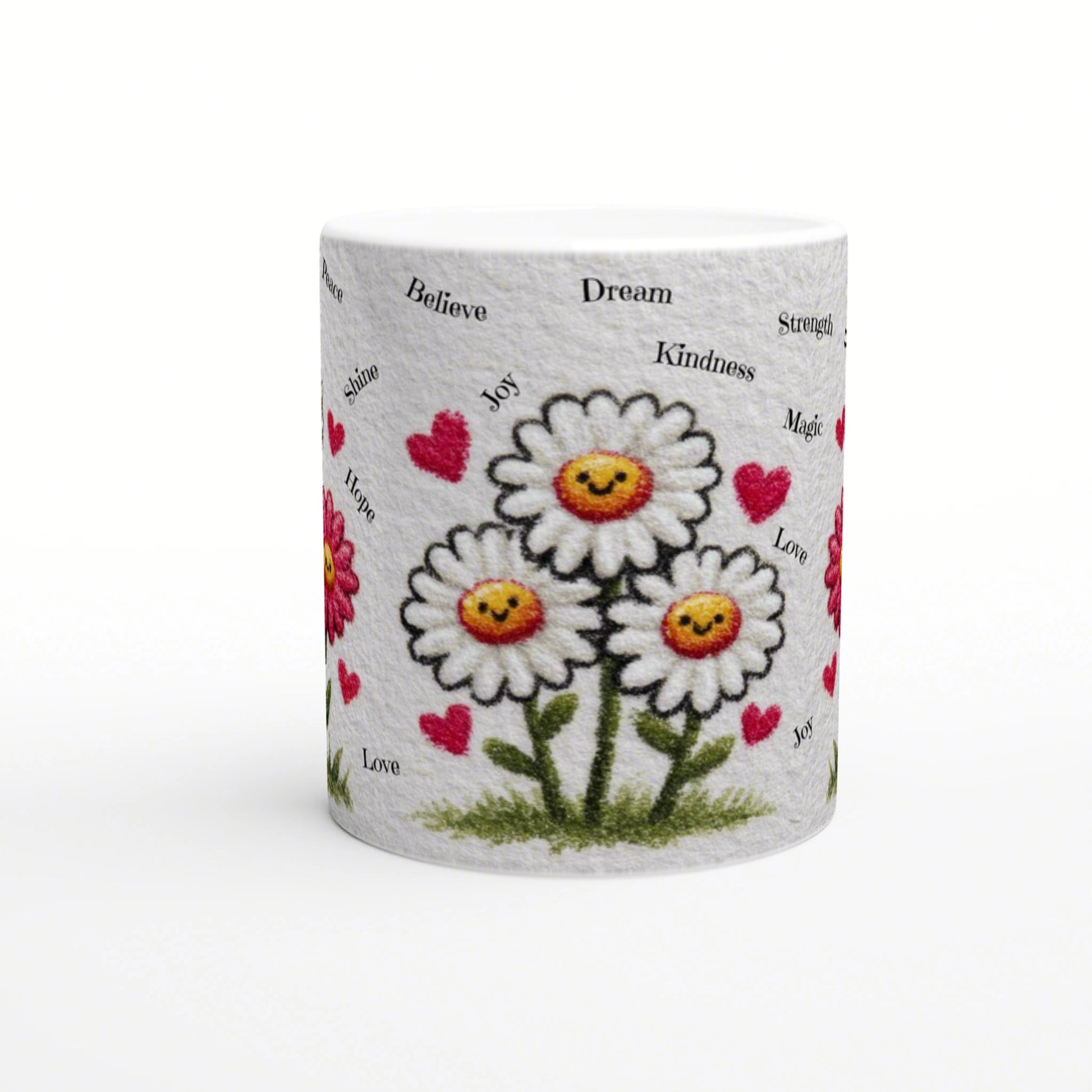 White mug mockup featuring cheerful daisies with smiley yellow centers, pink hearts, and scattered uplifting words.