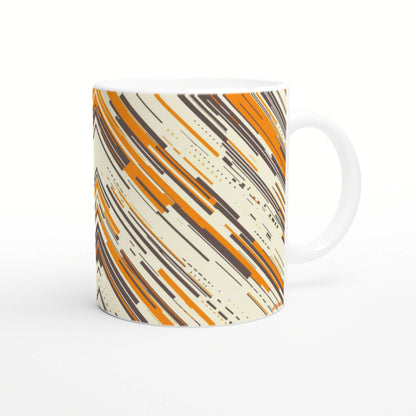White ceramic mug with cream background featuring orange, brown, and black diagonal brush-stroke pattern; product mockup.