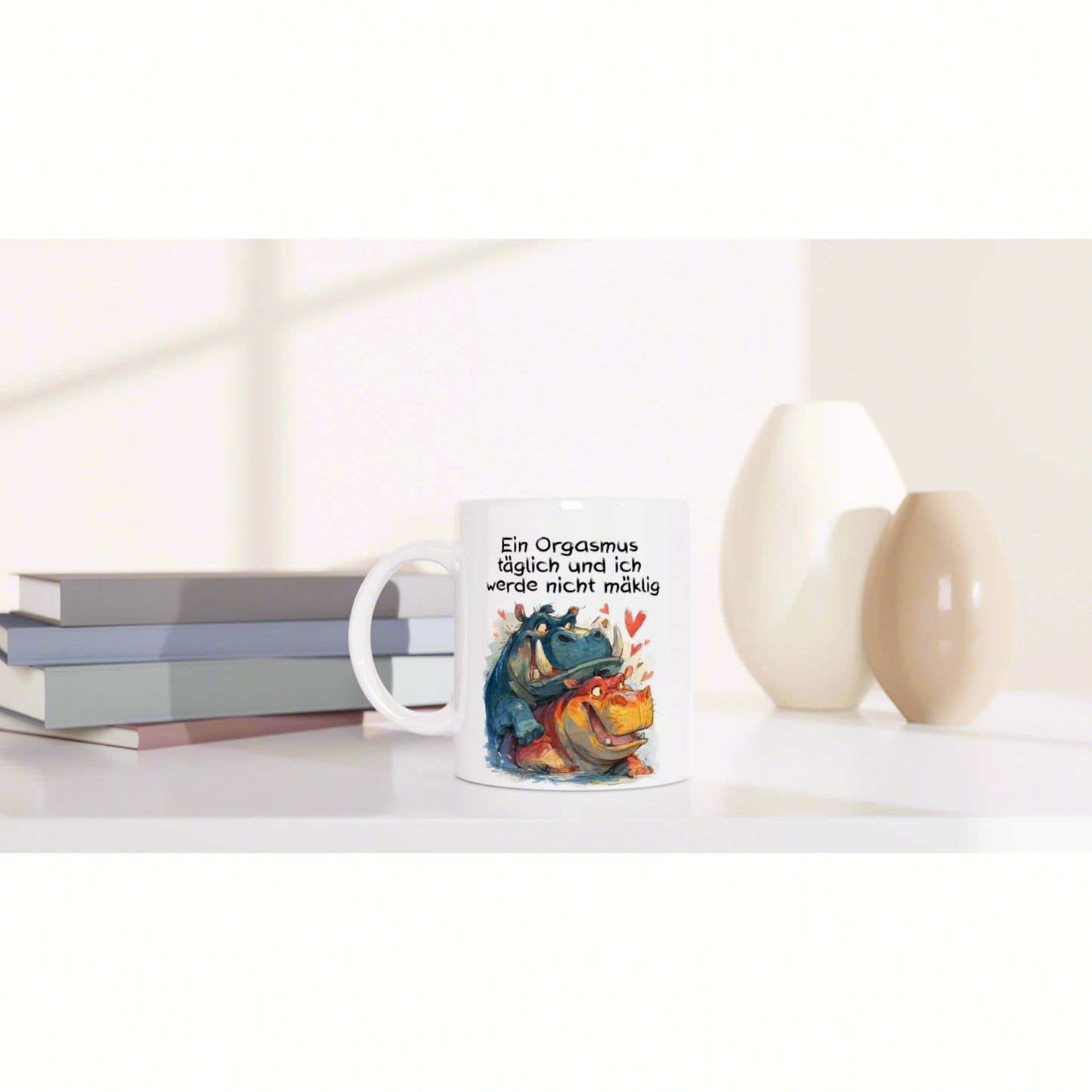White mug featuring a colorful dinosaur illustration and a humorous German caption, placed on a shelf with books and vases.