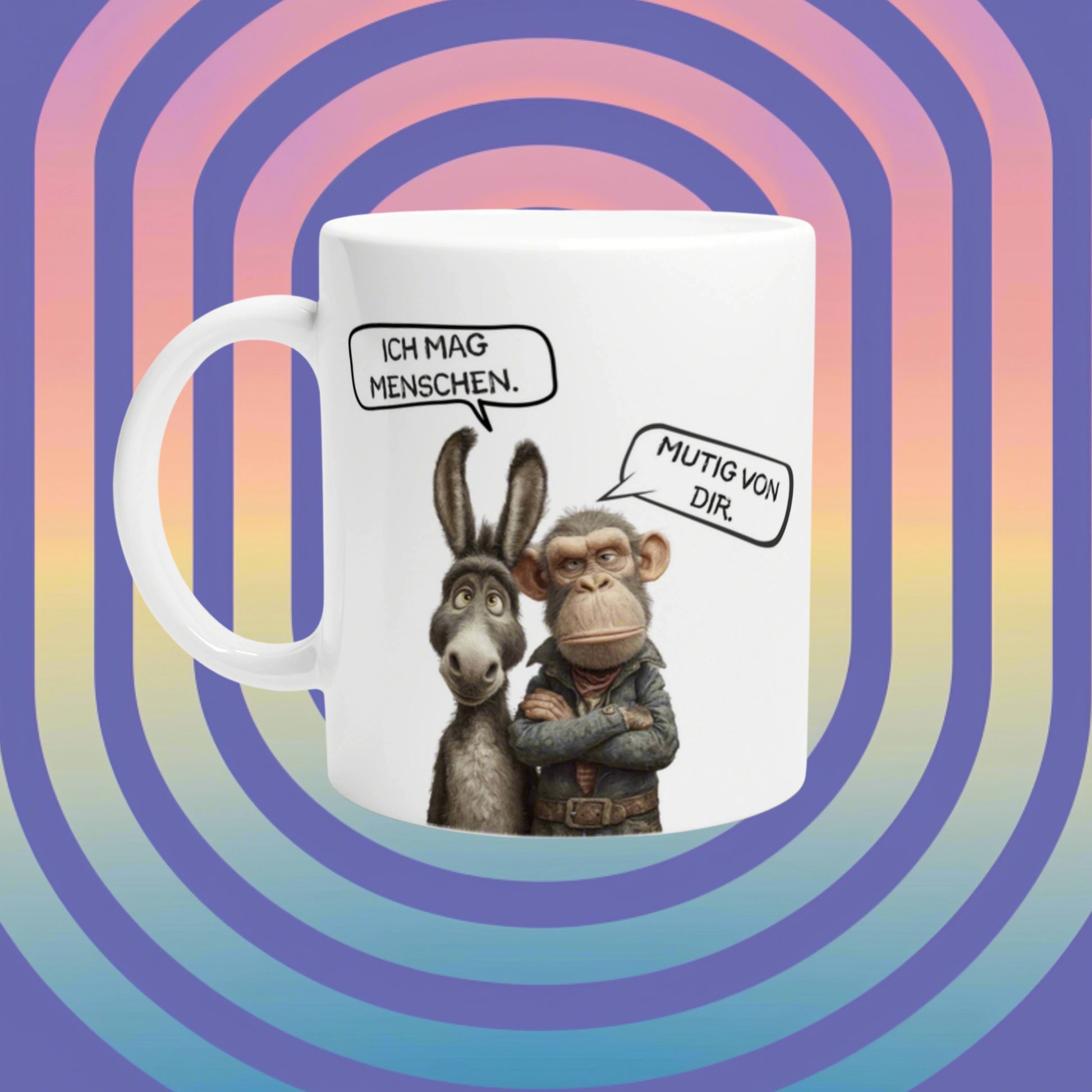 White mug mockup with a donkey and a monkey; German speech bubbles read 'Ich mag Menschen' and 'Mutig von dir' on gradient.