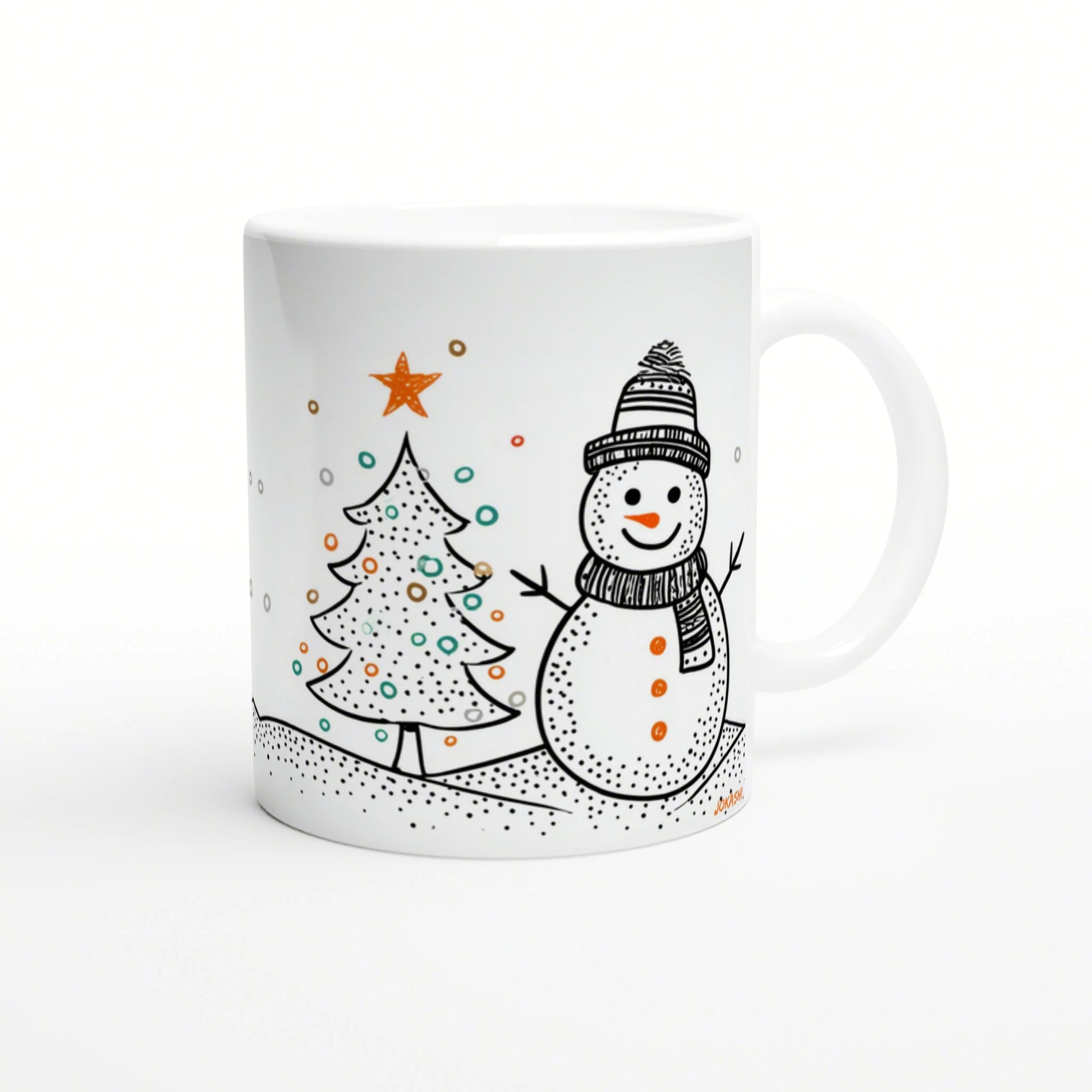 White mug with a doodle illustration of a smiling snowman in a hat and scarf beside a decorated Christmas tree.