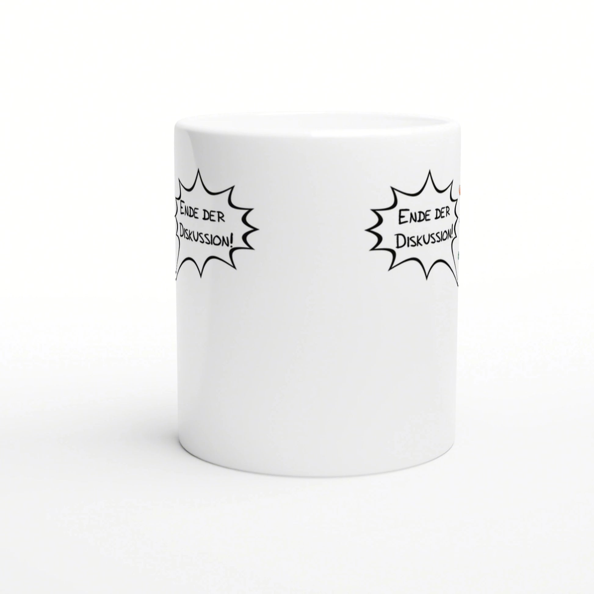 White ceramic mug mockup with repeating black comic-book speech-bubble bursts reading Ende der Diskussion.
