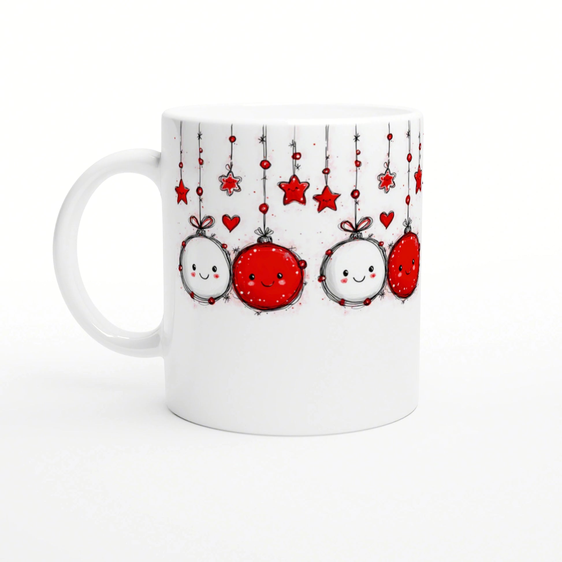 White mug with a festive pattern of hanging red and white ornaments, featuring stars and hearts.