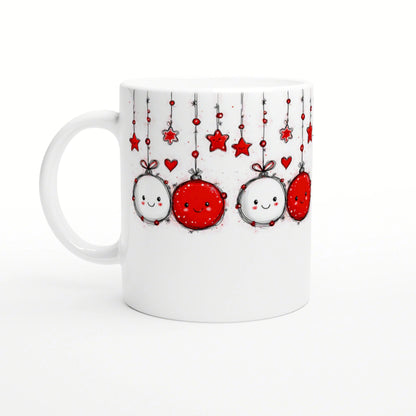 White mug with a festive pattern of hanging red and white ornaments, featuring stars and hearts.
