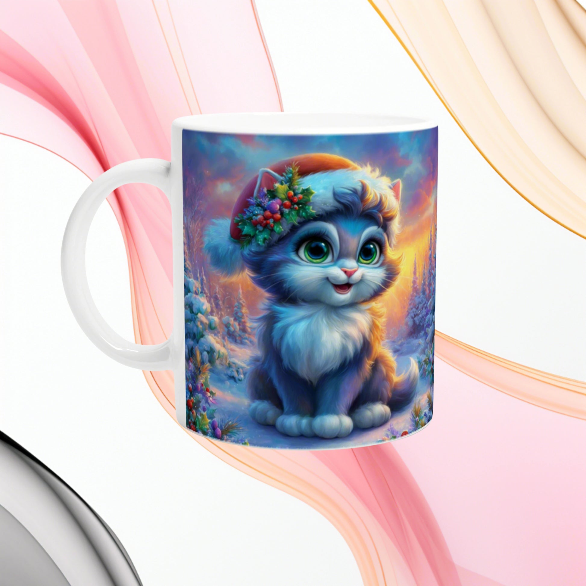 White mug featuring a vibrant illustration of a fluffy blue kitten wearing a flower wreath in a snowy, colorful landscape.