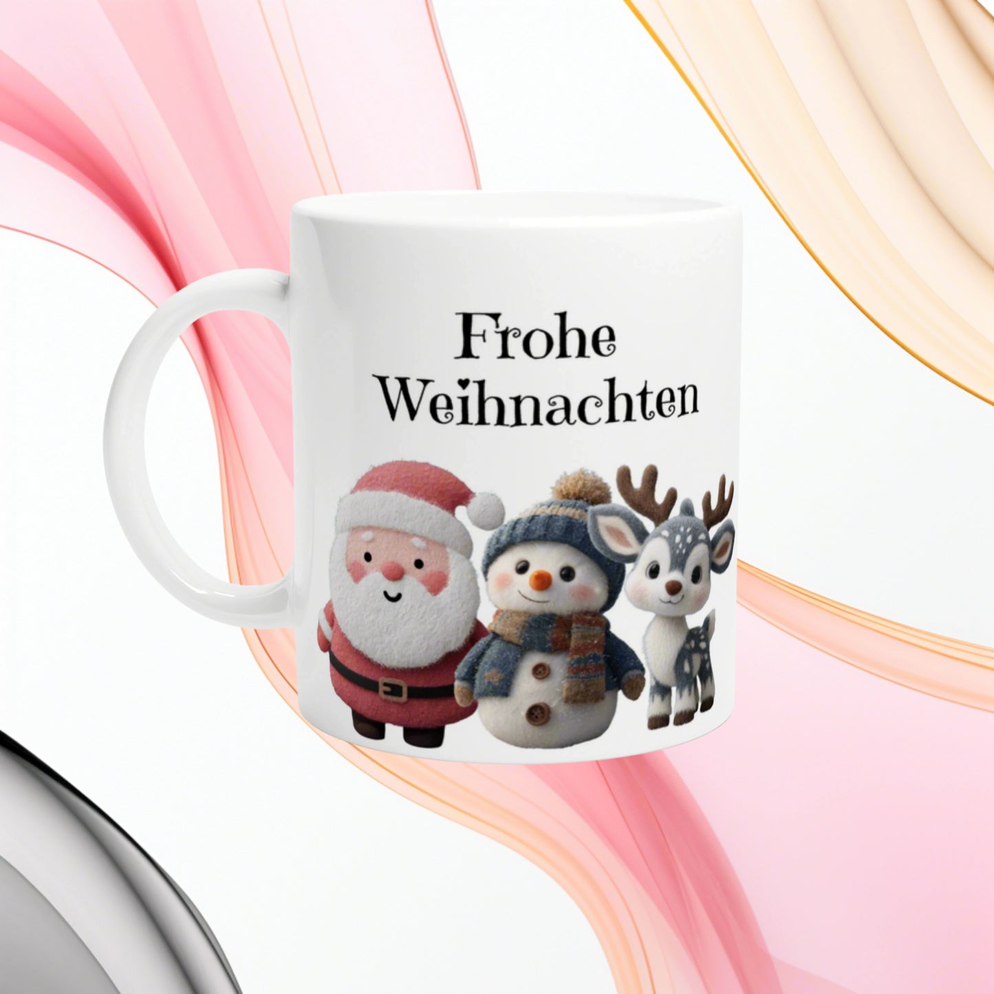 White mug featuring 'Frohe Weihnachten' with Santa, snowman, and reindeer plush characters; product mockup.