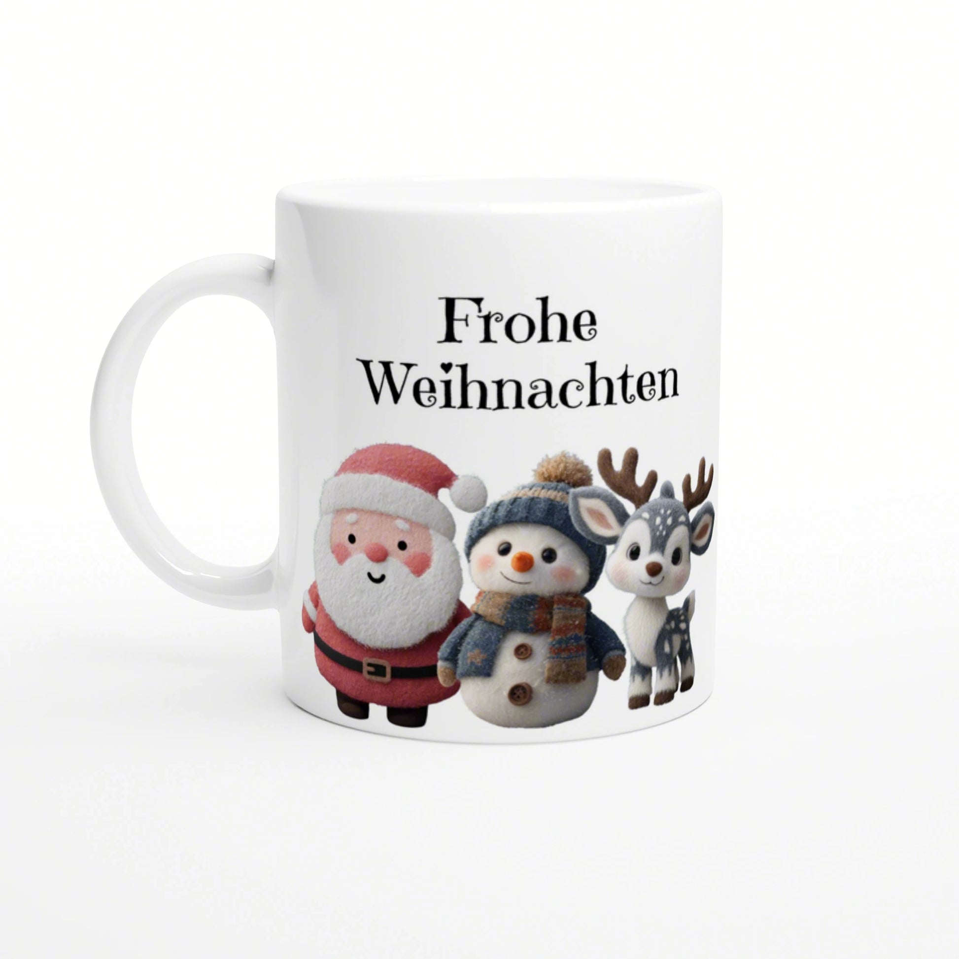 White mug mockup with 'Frohe Weihnachten' text and cute holiday characters: Santa, snowman, and reindeer.