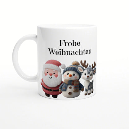 White mug mockup with 'Frohe Weihnachten' text and cute holiday characters: Santa, snowman, and reindeer.