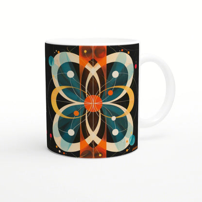 White ceramic mug with a black background featuring a geometric orange-teal mandala design; product mockup.