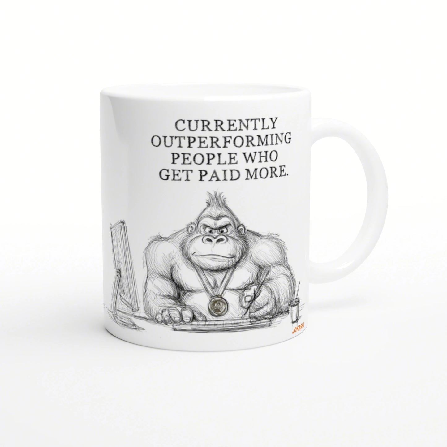 White mug featuring a gorilla sketch at a desk, wearing a medal, with 'Currently outperforming people who get paid more'.