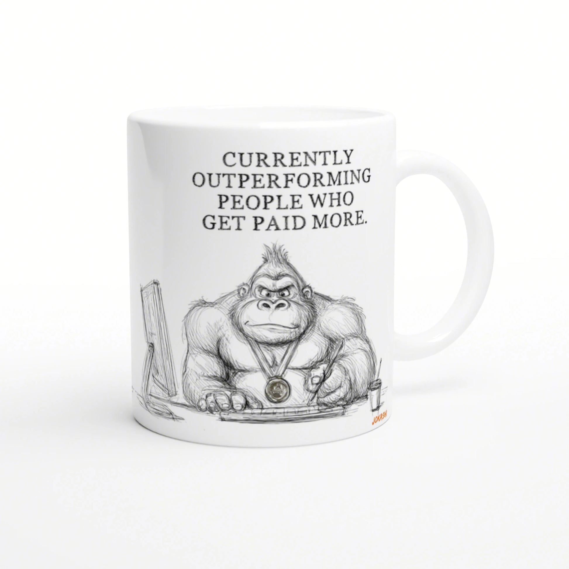 White mug featuring a gorilla sketch at a desk, wearing a medal, with 'Currently outperforming people who get paid more'.
