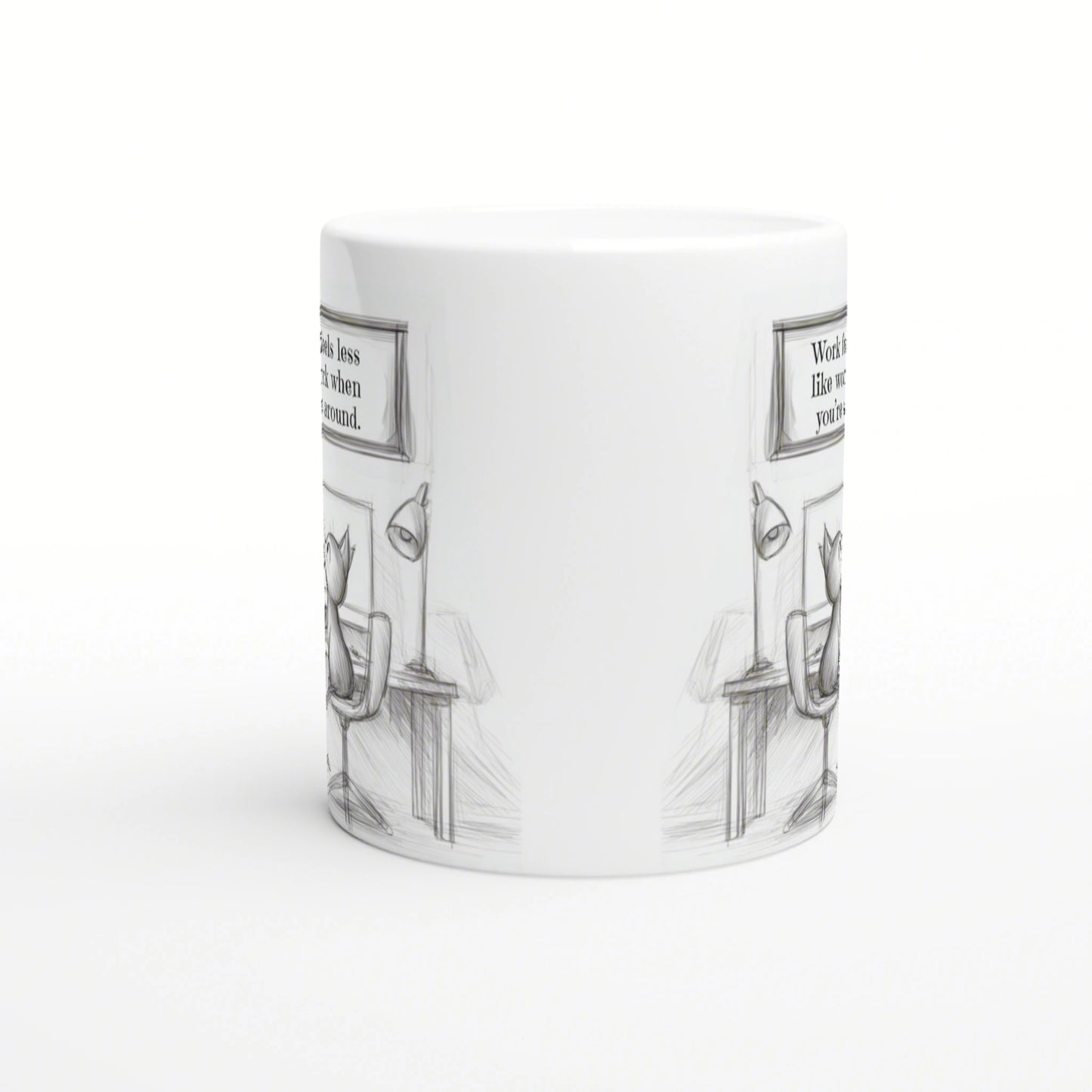 White ceramic mug with a grayscale wraparound sketch of a desk, lamp, and framed text—ideal product mockup.