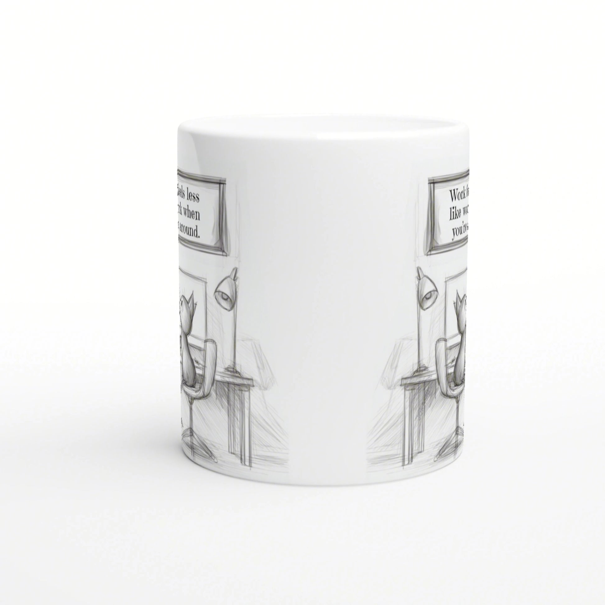 White ceramic mug with a grayscale wraparound sketch of a desk, lamp, and framed text—ideal product mockup.