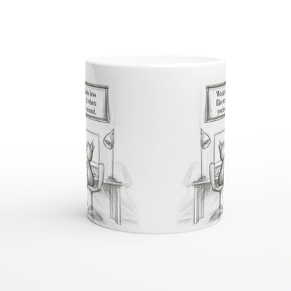 White ceramic mug with a grayscale wraparound sketch of a desk, lamp, and framed text—ideal product mockup.