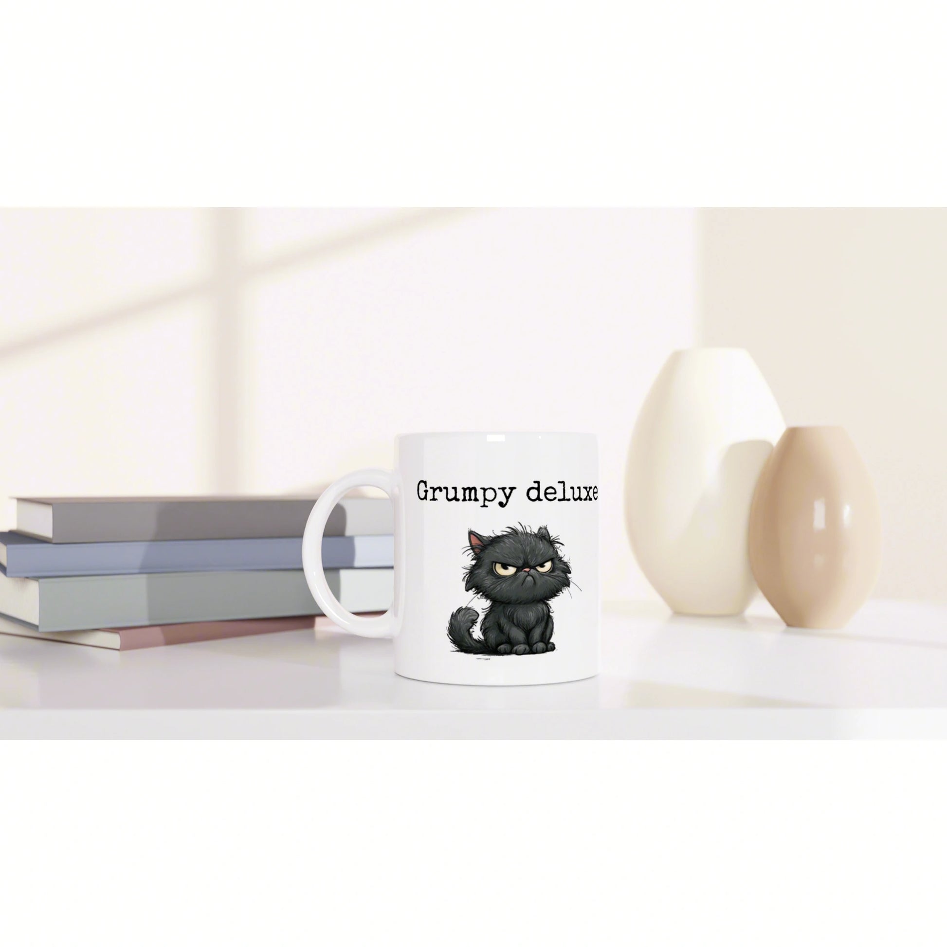 White mug featuring a grumpy black cat illustration and the text 'Grumpy deluxe', placed beside stacked books and decorative vases.