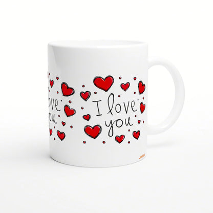 White ceramic mug with hand-drawn red hearts and the words I love you in black script; product mockup for an online shop.