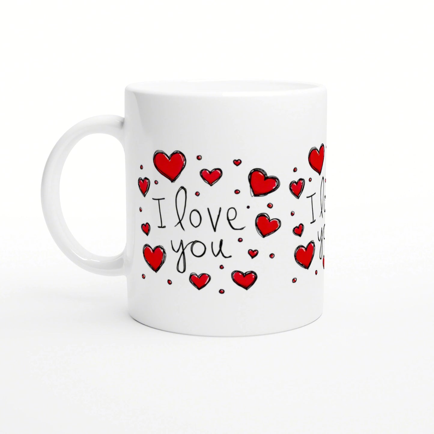 White mug with handwritten 'I love you' and red hearts; product mockup.
