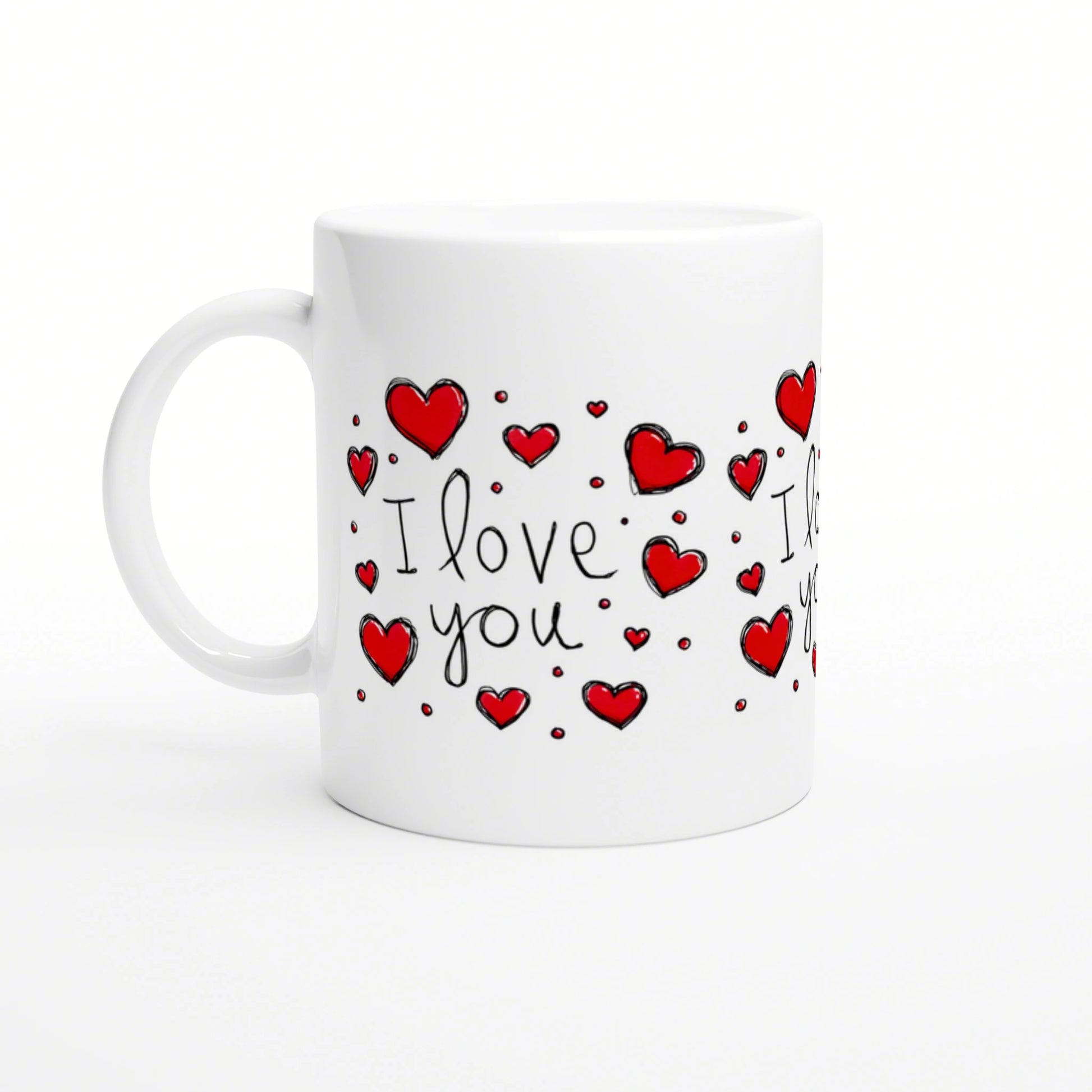 White mug with handwritten 'I love you' and red hearts; product mockup.