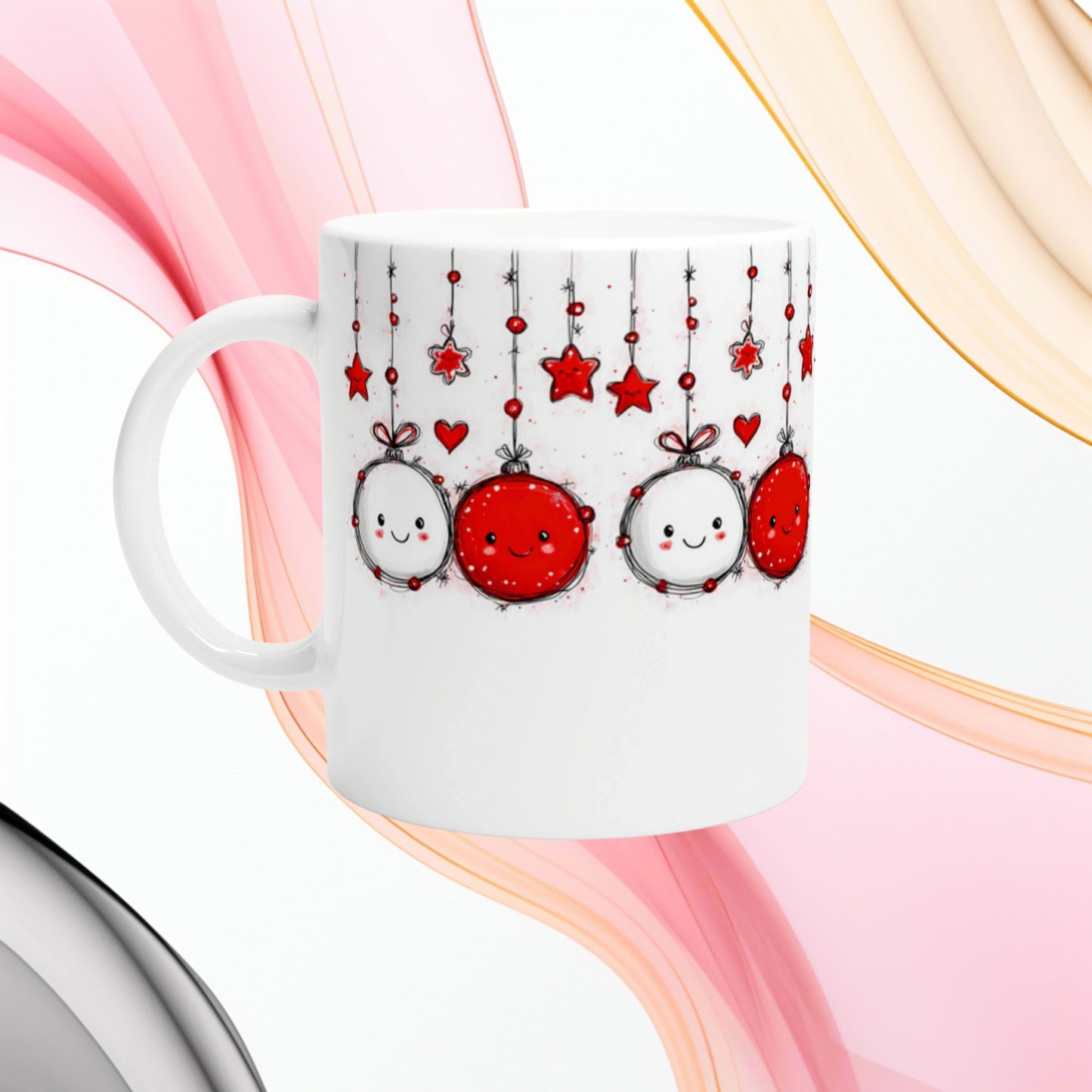 White ceramic mug featuring hanging red and white ornaments with cute smiling faces, stars and hearts; product mockup.