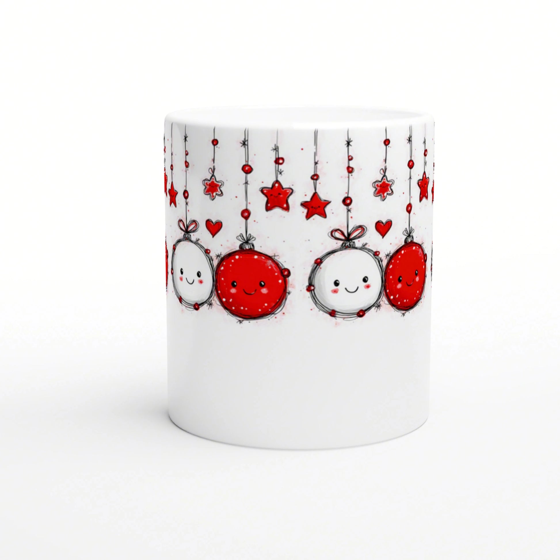 White mug featuring a festive pattern of hanging red-and-white ornaments, stars and hearts with cute smiling faces.