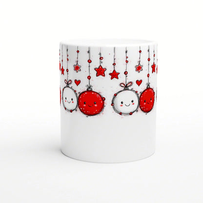 White mug featuring a festive pattern of hanging red-and-white ornaments, stars and hearts with cute smiling faces.