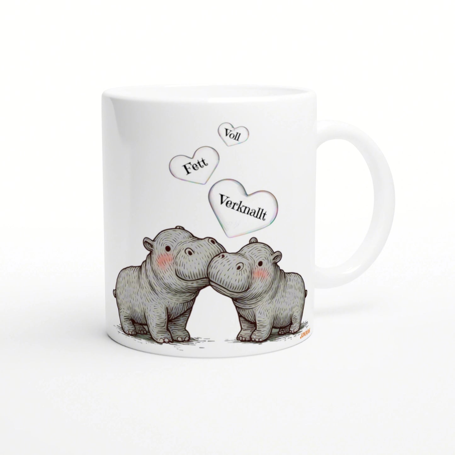White mug featuring a sketch of two hippos kissing with three hearts above them labeled Fett, Voll, Verknallt.