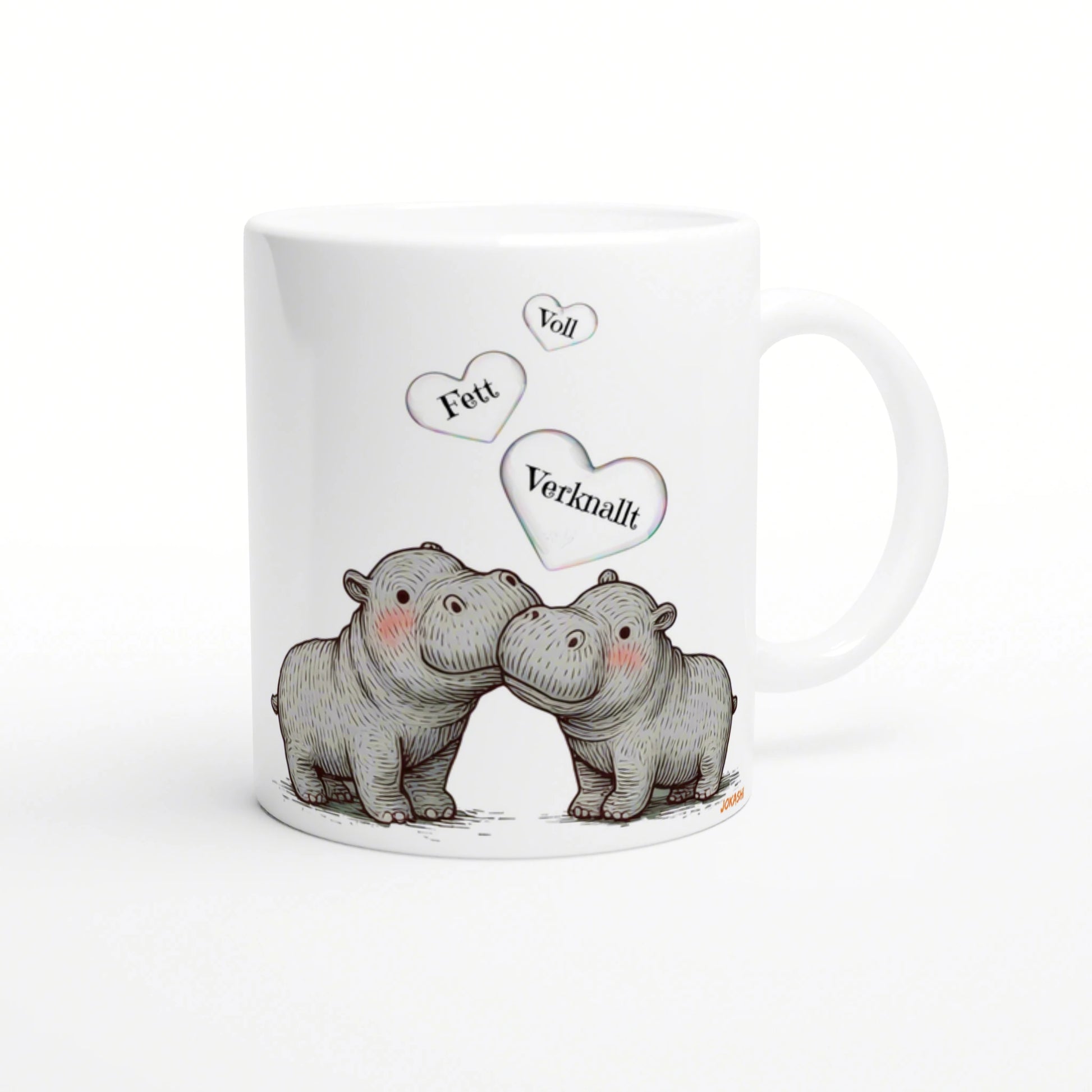 White mug featuring a sketch of two hippos kissing with three hearts above them labeled Fett, Voll, Verknallt.