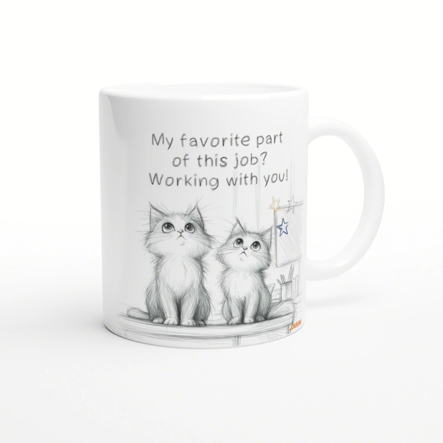 White mug featuring a pencil sketch of two kittens and the caption 'My favorite part of this job? Working with you!'