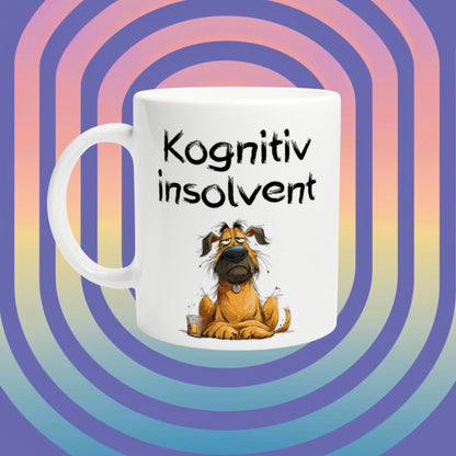 White mug featuring Kognitiv insolvent and a cartoon dog, on a colorful retro rainbow background; product mockup.