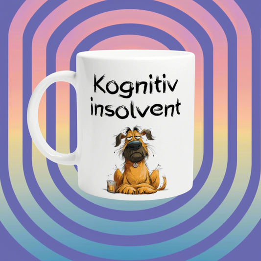 White mug featuring Kognitiv insolvent and a cartoon dog, on a colorful retro rainbow background; product mockup.