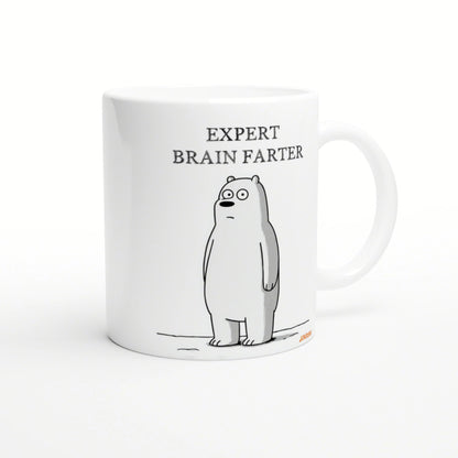 White ceramic mug mockup with a simple line-drawn bear and the caption 'EXPERT BRAIN FARTER'.